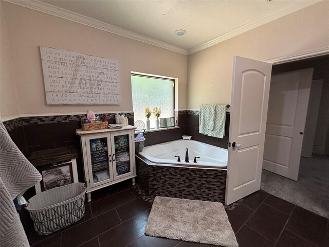 3307 Shawnee Trl, Lake Worth, TX 76135 - bathroom featuring a garden tub, ornamental molding, and tile patterned flooring