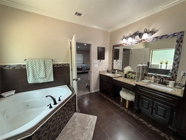 3307 Shawnee Trl, Lake Worth, TX 76135 - ensuite bathroom with double vanity, a tub with jets, and ornamental molding