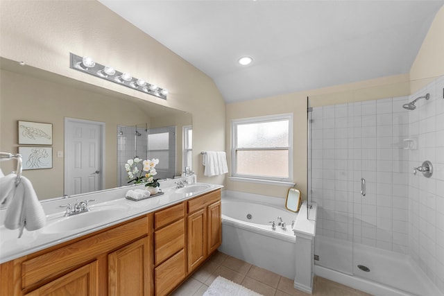 1557 Crystal Pass, Allen, TX 75002 - full bath featuring a shower stall, a whirlpool tub, double vanity, lofted ceiling, and tile patterned floors