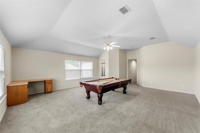 1557 Crystal Pass, Allen, TX 75002 - recreation room featuring lofted ceiling, billiards table, a ceiling fan, and light carpet
