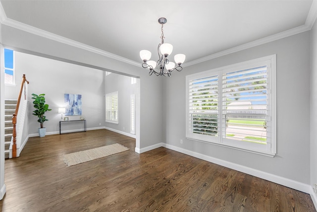 1557 Crystal Pass, Allen, TX 75002 - unfurnished room with ornamental molding, a chandelier, plenty of natural light, stairway, and dark wood-style flooring