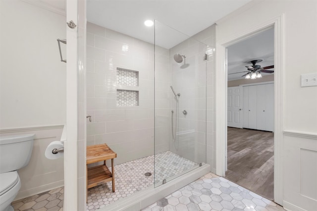 2225 Wooded Acres Dr, Waco, TX 76710 - bathroom with a walk in shower, ceiling fan, tile patterned flooring, and recessed lighting