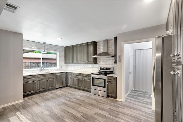 1510 Bowie St, Garland, TX 75042 - kitchen featuring wall chimney exhaust hood, appliances with stainless steel finishes, light wood-style flooring, light countertops, and decorative backsplash