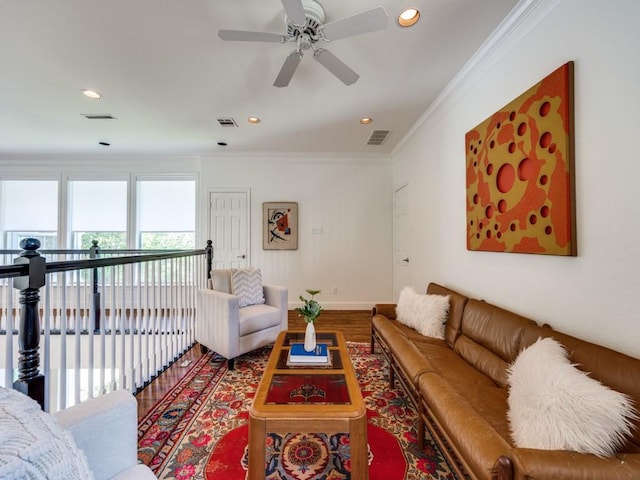 4112 Edith Ct, Dallas, TX 75220 - living room featuring ornamental molding, wood finished floors, a ceiling fan, and recessed lighting