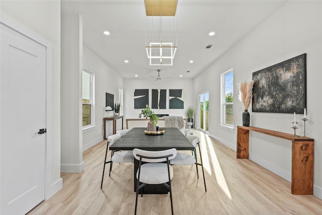 601 S Moore St, Dallas, TX 75203 - dining space with light wood finished floors, baseboards, recessed lighting, and ceiling fan