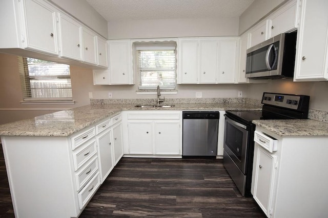 4209 W Pleasant Forest St, Arlington, TX 76015 - kitchen with stainless steel appliances, a peninsula, white cabinetry, dark wood-style flooring, and light stone countertops