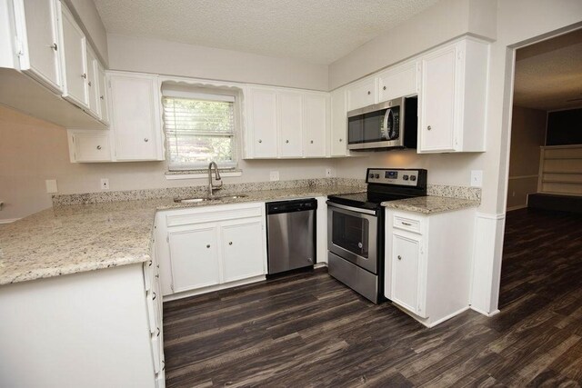 4209 W Pleasant Forest St, Arlington, TX 76015 - kitchen with appliances with stainless steel finishes, dark wood finished floors, white cabinetry, a textured ceiling, and light stone counters