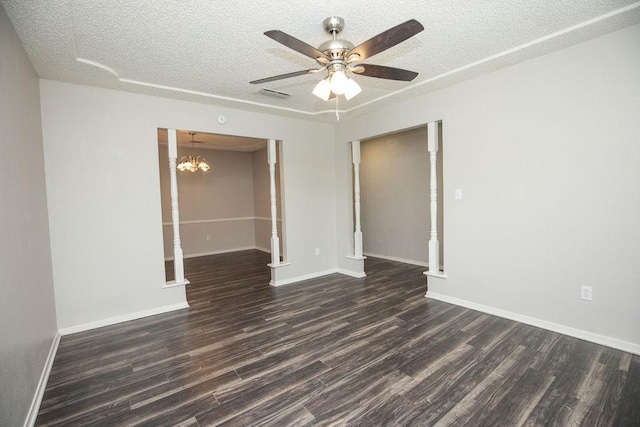 4209 W Pleasant Forest St, Arlington, TX 76015 - spare room with dark wood-style floors, ceiling fan, a textured ceiling, and a chandelier