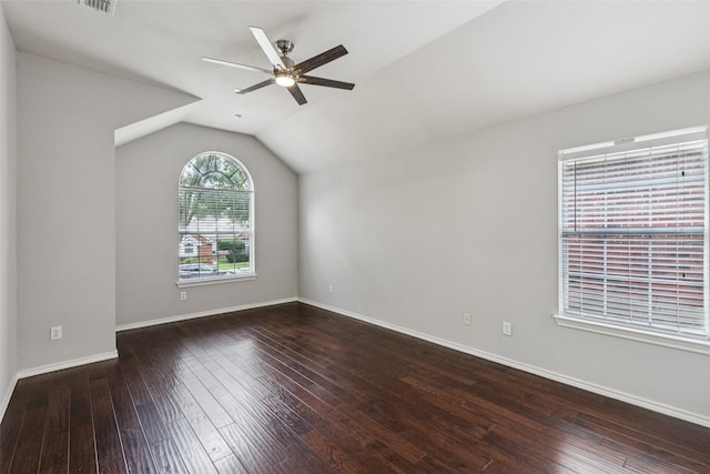 2210 Garden Crest Dr, Rockwall, TX 75087 - empty room featuring a ceiling fan, dark wood finished floors, and lofted ceiling