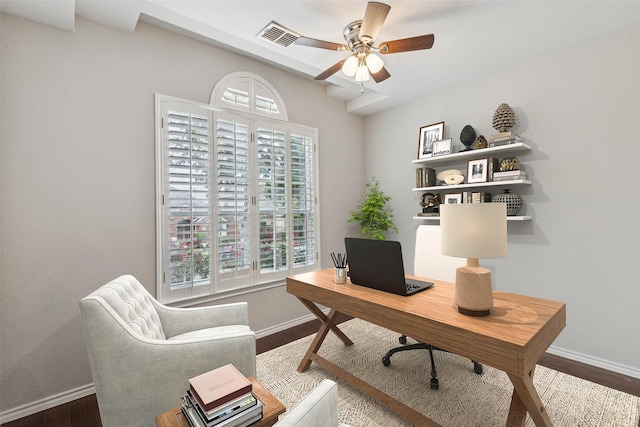 2210 Garden Crest Dr, Rockwall, TX 75087 - office area featuring wood finished floors and ceiling fan