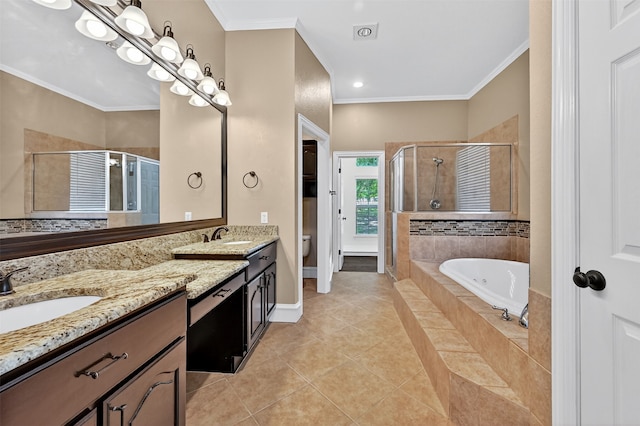 688 Lazy Acres Cir, Pottsboro, TX 75076 - full bathroom with a stall shower, double vanity, a garden tub, crown molding, and tile patterned floors