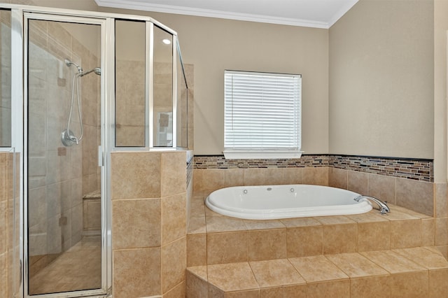 688 Lazy Acres Cir, Pottsboro, TX 75076 - full bath featuring a bath, a shower stall, and ornamental molding