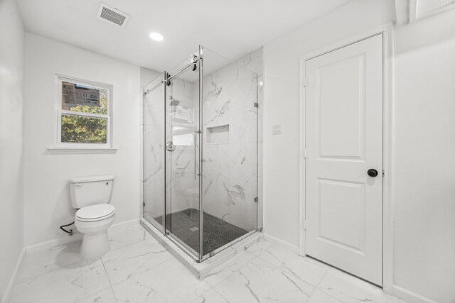 3841 Shady Hollow Ln, Dallas, TX 75233 - full bathroom featuring marble finish floors, baseboards, toilet, a marble finish shower, and recessed lighting