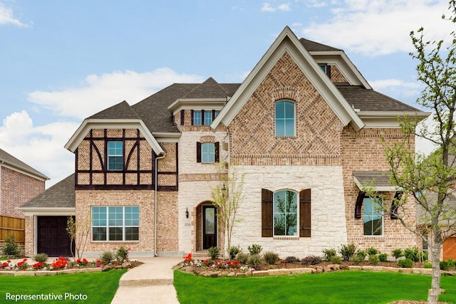 1706 Cedar Bluff Pkwy, Mansfield, TX 76063 - view of front of home with a front yard, an attached garage, a shingled roof, brick siding, and stone siding