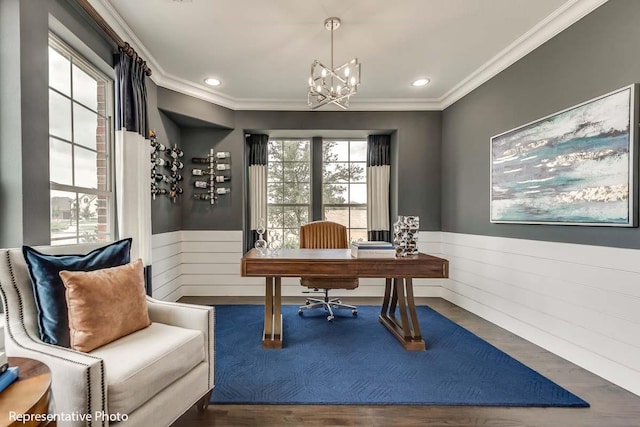 1706 Cedar Bluff Pkwy, Mansfield, TX 76063 - office area with a wainscoted wall, a chandelier, ornamental molding, wood finished floors, and recessed lighting