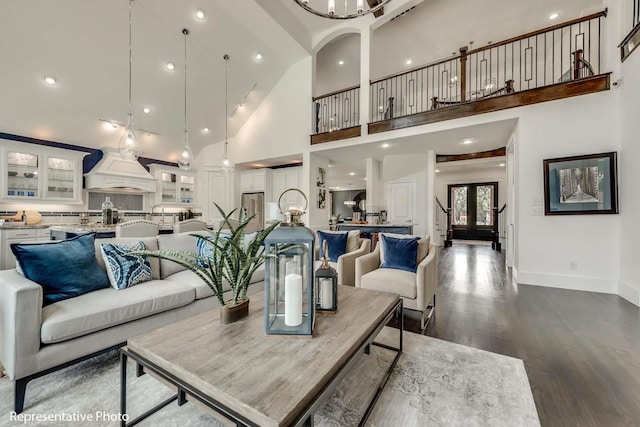 1706 Cedar Bluff Pkwy, Mansfield, TX 76063 - living area featuring high vaulted ceiling, dark wood-style flooring, baseboards, a chandelier, and recessed lighting