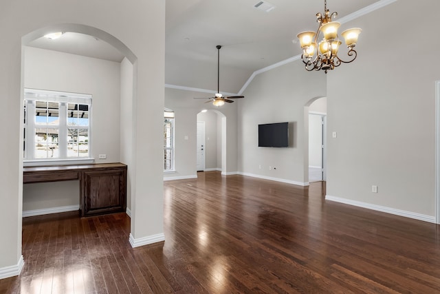 3075 Willow Grove Blvd Unit 2302, Mckinney, TX 75070 - unfurnished living room with arched walkways, dark wood-style flooring, ceiling fan, ornamental molding, and baseboards