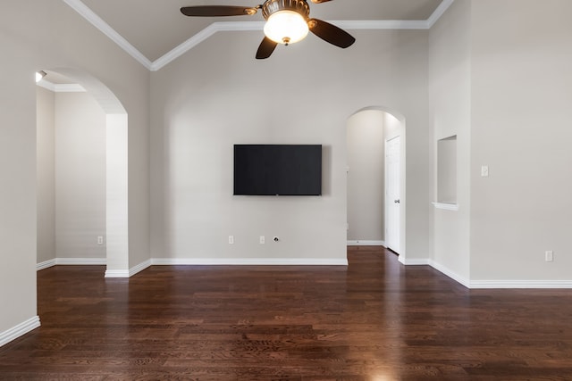 3075 Willow Grove Blvd Unit 2302, Mckinney, TX 75070 - unfurnished living room featuring arched walkways, high vaulted ceiling, ceiling fan, wood finished floors, and ornamental molding
