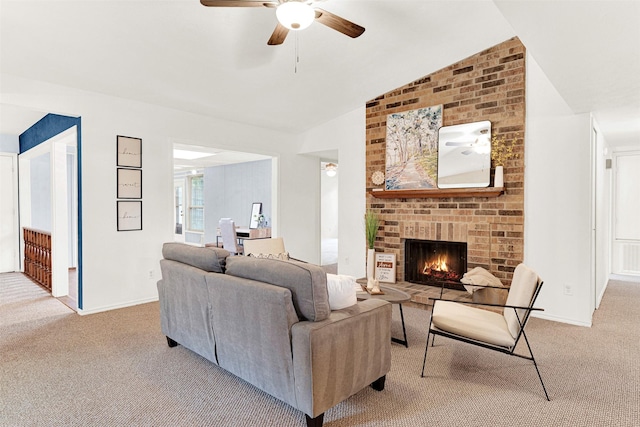 1305 Jabbet Dr, Plano, TX 75025 - living area featuring light colored carpet, lofted ceiling, ceiling fan, and a brick fireplace