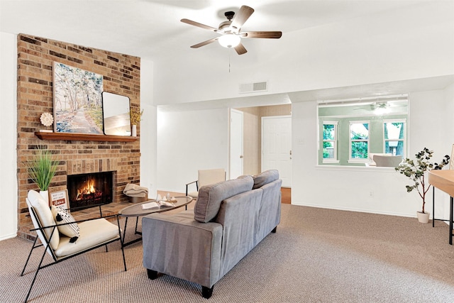 1305 Jabbet Dr, Plano, TX 75025 - carpeted living area featuring ceiling fan and a fireplace