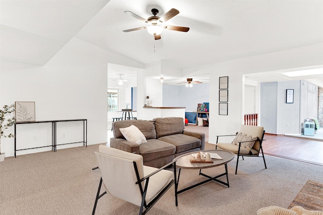 1305 Jabbet Dr, Plano, TX 75025 - living area featuring light colored carpet, a ceiling fan, and lofted ceiling