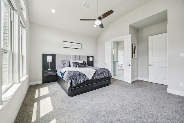 3205 Tradition Ct, Rowlett, TX 75088 - bedroom featuring carpet, lofted ceiling, ensuite bath, baseboards, and ceiling fan