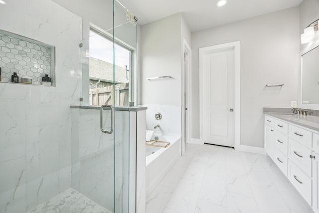 3205 Tradition Ct, Rowlett, TX 75088 - full bath with a marble finish shower, a bath, vanity, marble finish floors, and recessed lighting