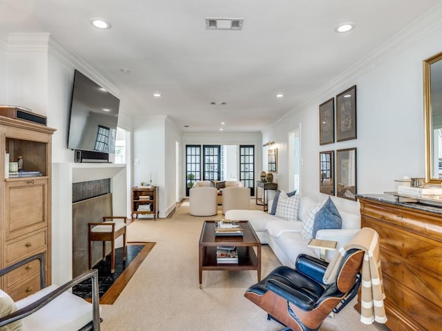 4604 Southern Ave, Highland Park, TX 75209 - living area with recessed lighting, carpet floors, ornamental molding, and a fireplace