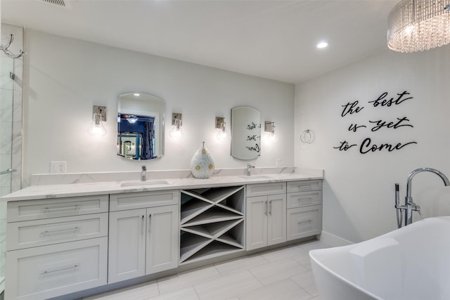 711 Majestic Oaks Dr, Oak Point, TX 75068 - full bathroom featuring double vanity, a soaking tub, a tile shower, and tile patterned floors