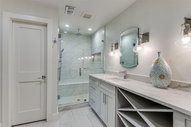 711 Majestic Oaks Dr, Oak Point, TX 75068 - bathroom featuring a stall shower, vanity, recessed lighting, and marble finish flooring