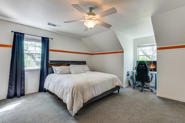 711 Majestic Oaks Dr, Oak Point, TX 75068 - carpeted bedroom featuring multiple windows, a ceiling fan, and vaulted ceiling