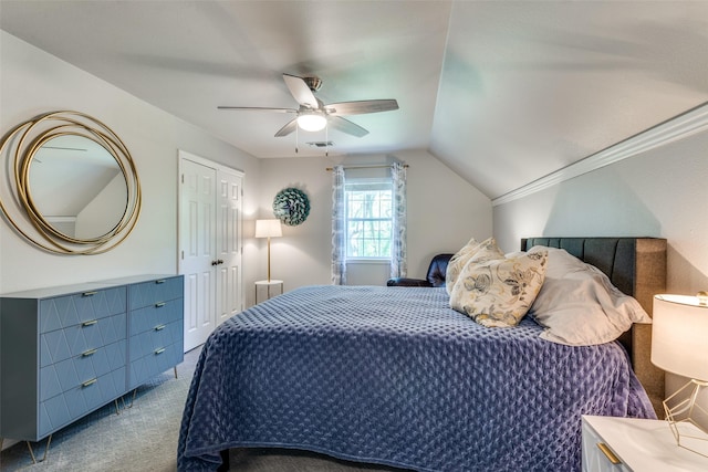 711 Majestic Oaks Dr, Oak Point, TX 75068 - bedroom featuring carpet flooring, lofted ceiling, and ceiling fan