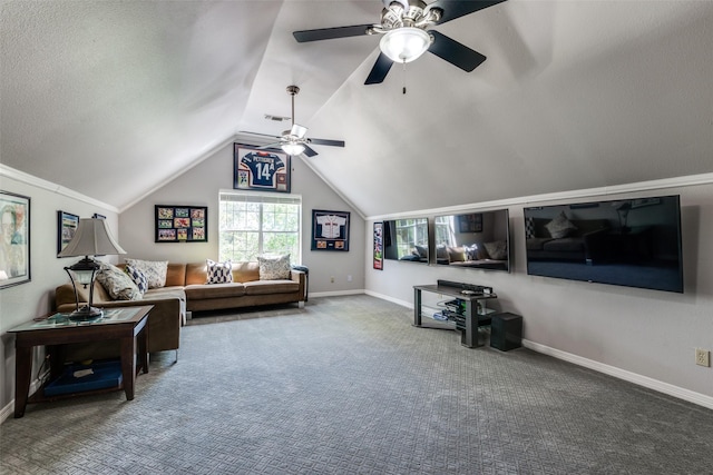 711 Majestic Oaks Dr, Oak Point, TX 75068 - living area featuring a ceiling fan, carpet flooring, and vaulted ceiling