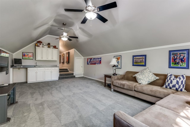 711 Majestic Oaks Dr, Oak Point, TX 75068 - carpeted living area with ceiling fan and lofted ceiling