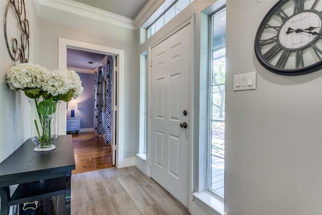 711 Majestic Oaks Dr, Oak Point, TX 75068 - foyer entrance with ornamental molding, healthy amount of natural light, and light wood-style flooring