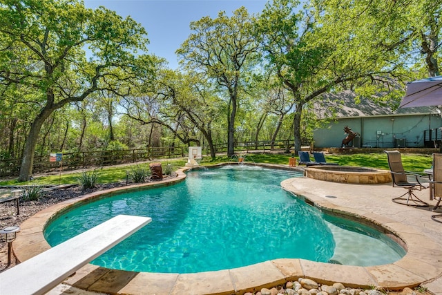 711 Majestic Oaks Dr, Oak Point, TX 75068 - view of swimming pool with a fenced backyard, a patio area, an in-ground hot tub, and a diving board