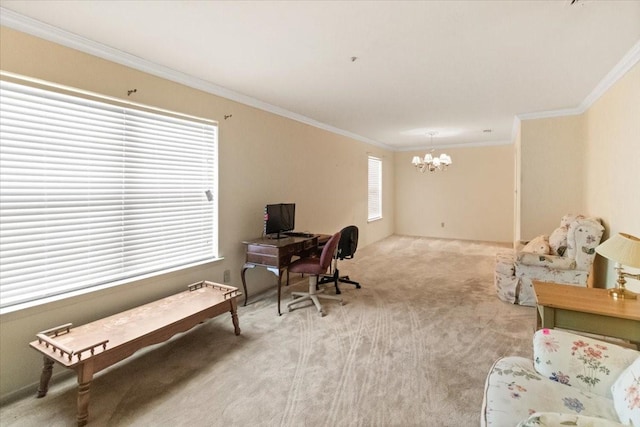 1506 Ridgeview Dr, Arlington, TX 76012 - office space featuring a chandelier, ornamental molding, and light colored carpet