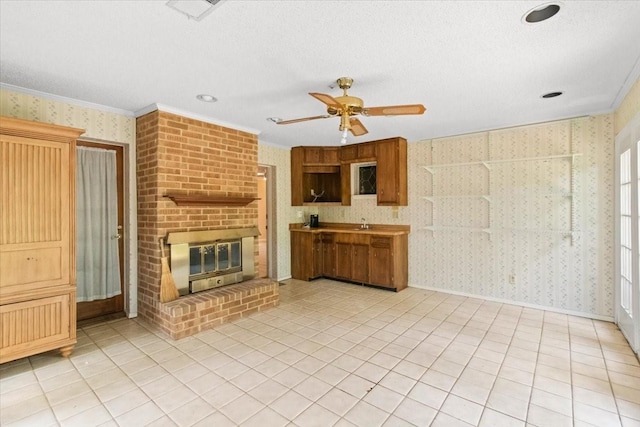 1506 Ridgeview Dr, Arlington, TX 76012 - unfurnished living room featuring wallpapered walls, ceiling fan, crown molding, a textured ceiling, and light tile patterned floors