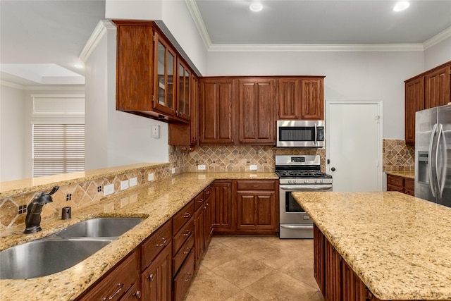 3616 Canyon Oaks Dr, Carrollton, TX 75007 - kitchen featuring stainless steel appliances, ornamental molding, decorative backsplash, glass insert cabinets, and light stone countertops