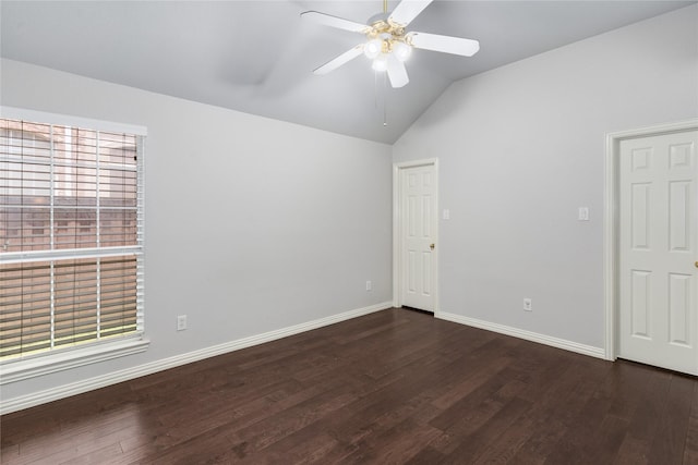 3616 Canyon Oaks Dr, Carrollton, TX 75007 - unfurnished room featuring lofted ceiling, dark wood-style flooring, and a ceiling fan