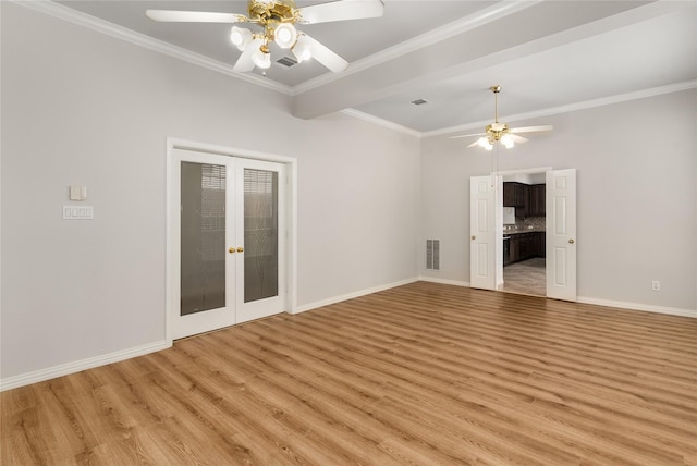 3616 Canyon Oaks Dr, Carrollton, TX 75007 - spare room featuring a ceiling fan, light wood-style flooring, and ornamental molding