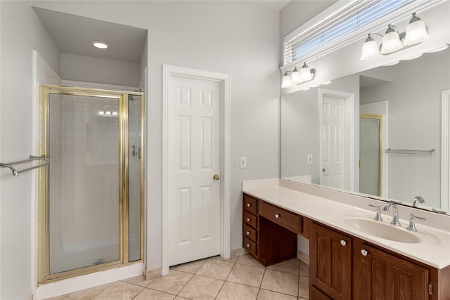 3616 Canyon Oaks Dr, Carrollton, TX 75007 - full bathroom with a stall shower, vanity, and tile patterned flooring