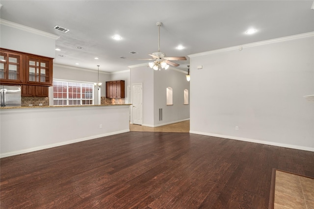 3616 Canyon Oaks Dr, Carrollton, TX 75007 - unfurnished living room featuring ornamental molding, wood finished floors, ceiling fan, and recessed lighting