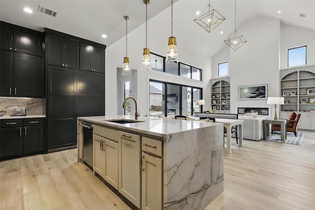 5901 Westworth Falls Way, Westworth Village, TX 76114 - kitchen with a sink, dishwasher, high vaulted ceiling, light wood-style floors, and plenty of natural light