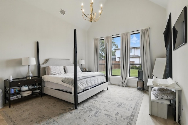 5901 Westworth Falls Way, Westworth Village, TX 76114 - bedroom with light wood finished floors, a chandelier, and high vaulted ceiling