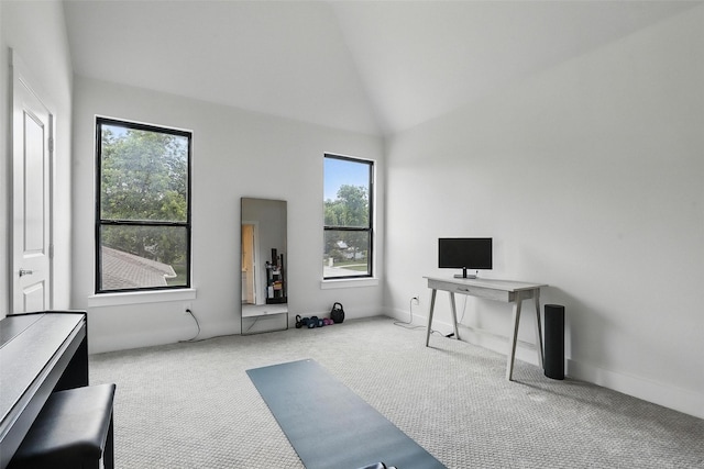 5901 Westworth Falls Way, Westworth Village, TX 76114 - workout area featuring carpet, high vaulted ceiling, and baseboards