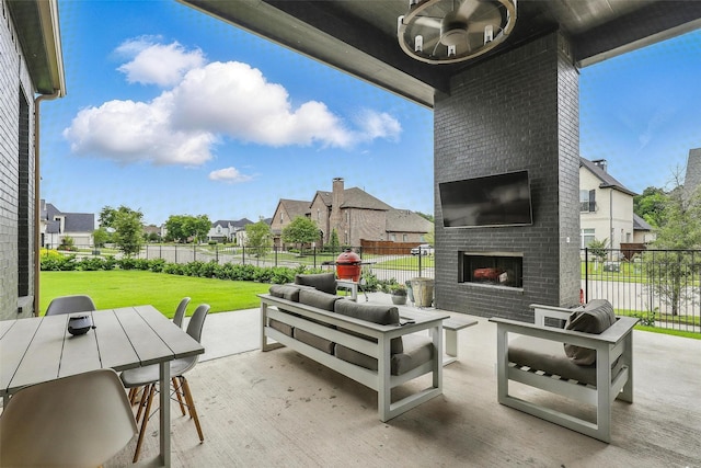 5901 Westworth Falls Way, Westworth Village, TX 76114 - view of patio with outdoor dining area, an outdoor living space with a fireplace, and a residential view
