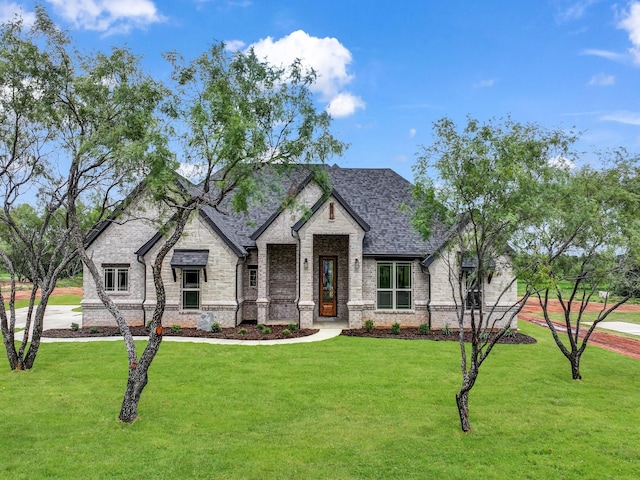 971 County Road 1304, Bridgeport, TX 76426 - view of front of house with stone siding, a front lawn, brick siding, and a shingled roof