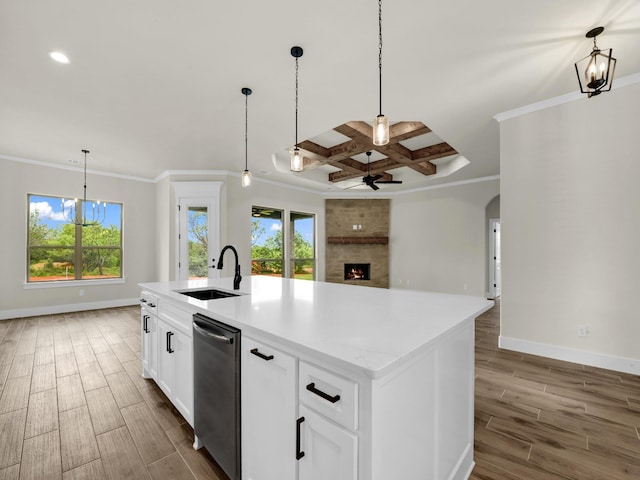 971 County Road 1304, Bridgeport, TX 76426 - kitchen with a sink, stainless steel dishwasher, coffered ceiling, baseboards, and wood finish floors