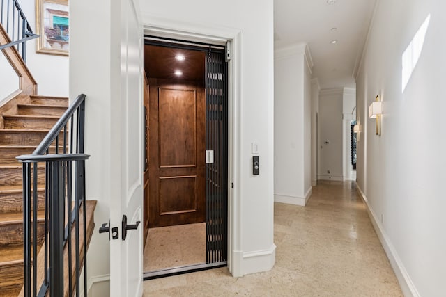 5112 Palomar Ln, Dallas, TX 75229 - hallway with elevator, baseboards, crown molding, and stairs